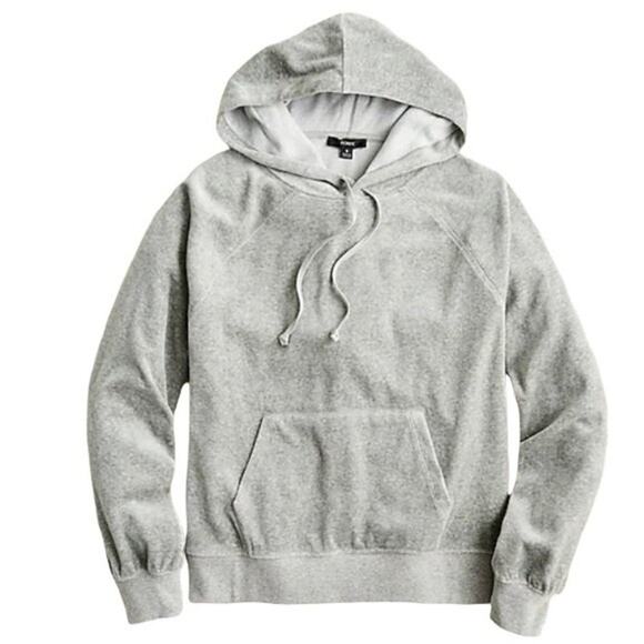 J Crew Size Small Gray Relaxed Velour Hoodie Hooded Sweatshirt Kangaroo Pocket - Picture 1 of 9